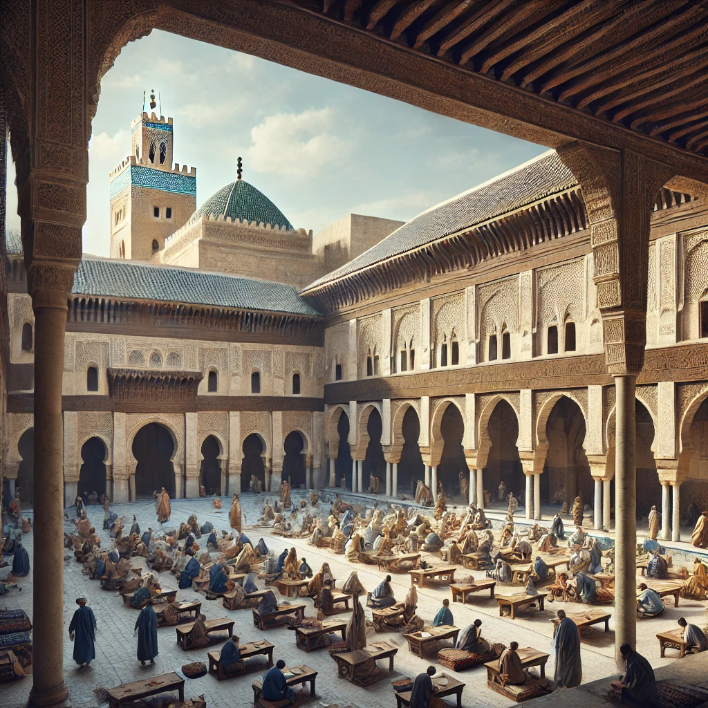 Arsitektur universitas Al-Qarawiyyin di Fez, Maroko, pusat pengetahuan Islam.