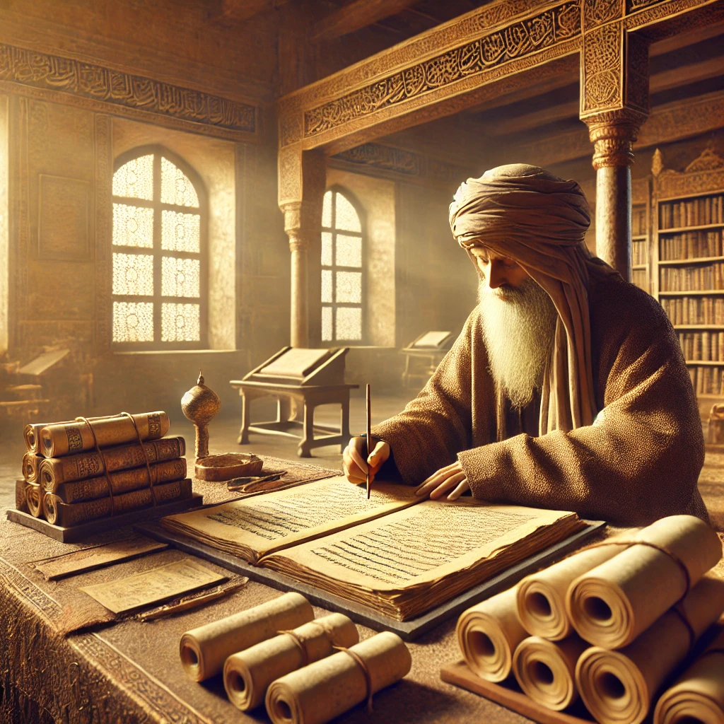 Ilmuwan Islam kuno menulis di atas kertas di ruangan studi bersejarah, simbol penggunaan awal kertas.